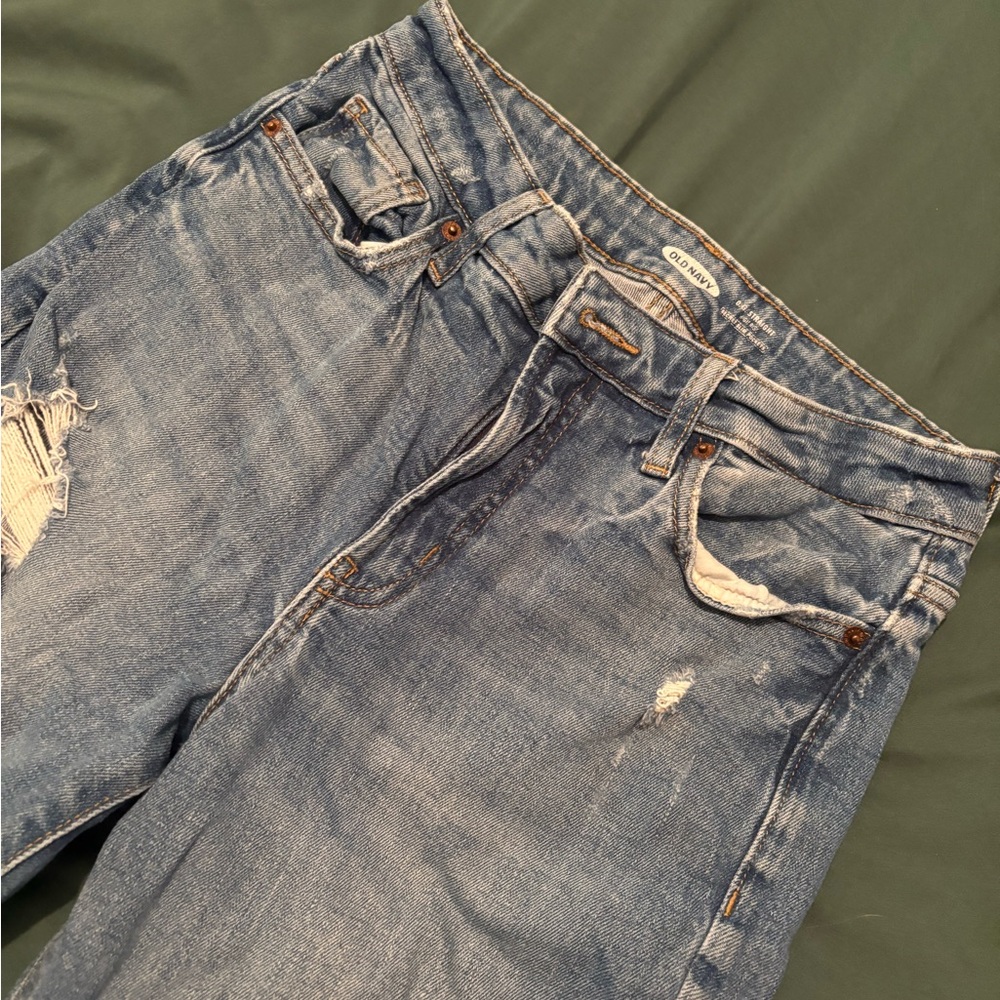 Old Navy Blue Distressed Straight Leg Jeans - Picture 2 of 6
